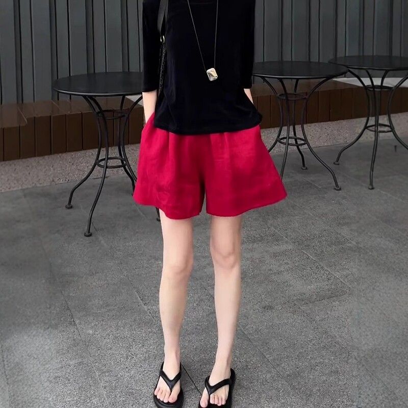 时尚红色休闲短裤女夏季显瘦高腰宽松百搭裤子阔腿裤薄款休闲裤子
