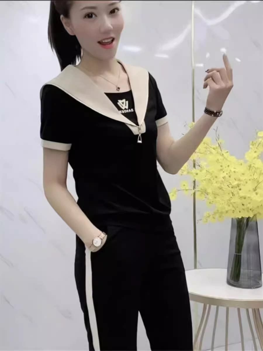 时尚女士休闲套装夏季新款修身显瘦减龄遮肚短袖高腰运动裤两件套