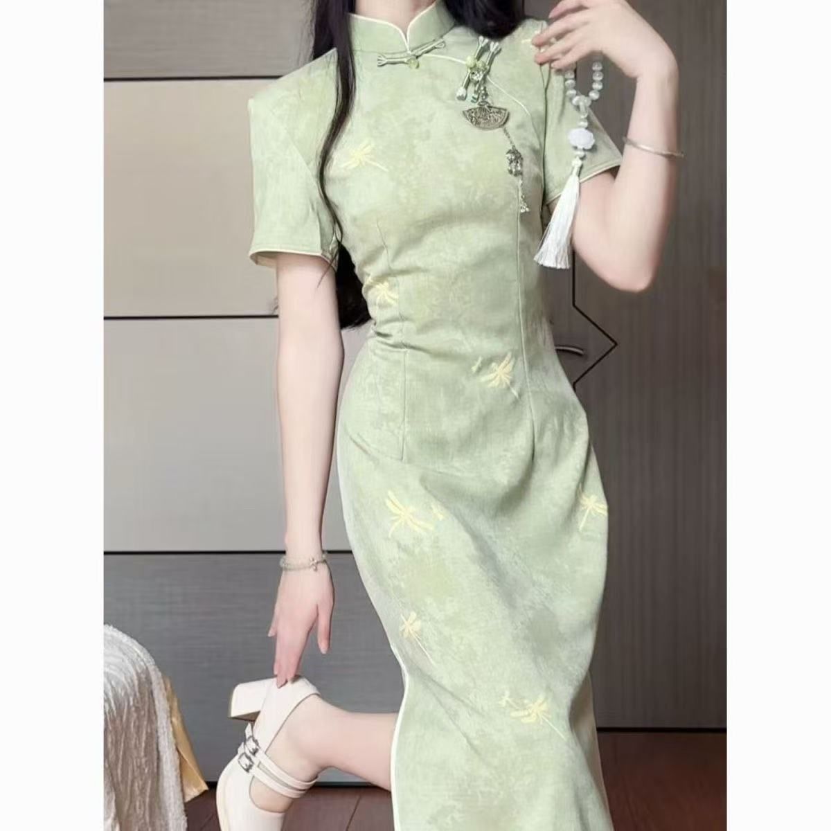 国风新中式连衣裙夏季新款蜻蜓短袖改良旗袍修身收腰显瘦开叉裙子