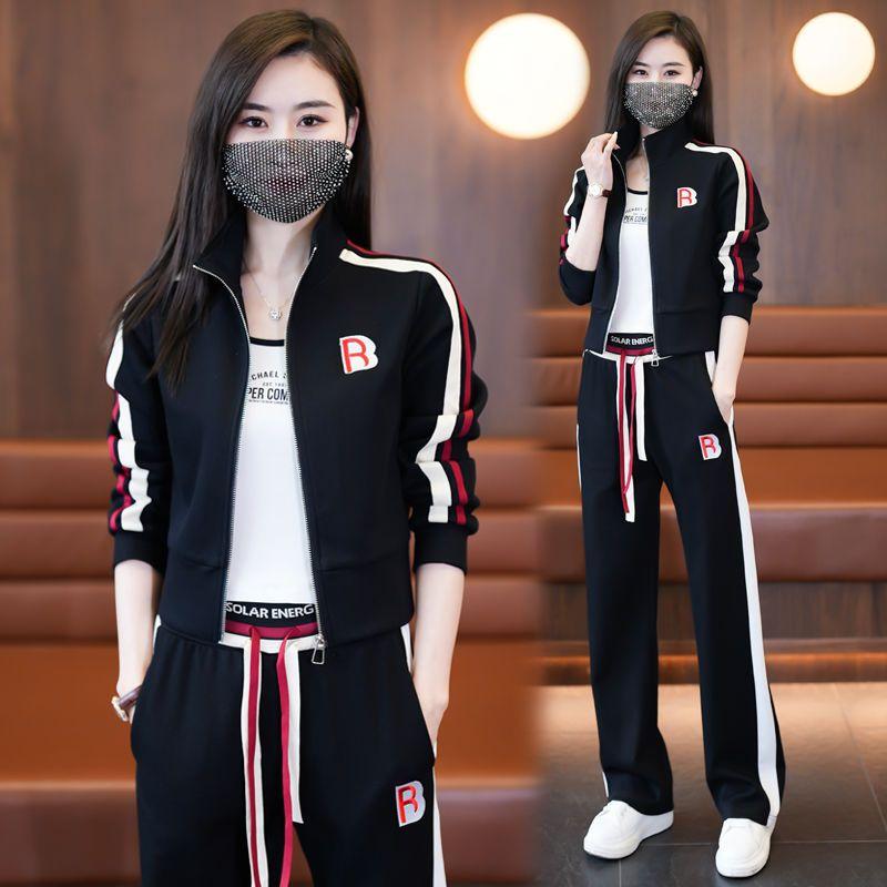 春秋新款时尚大码休闲运动套装女洋气减龄气质卫衣阔腿卫裤两件套