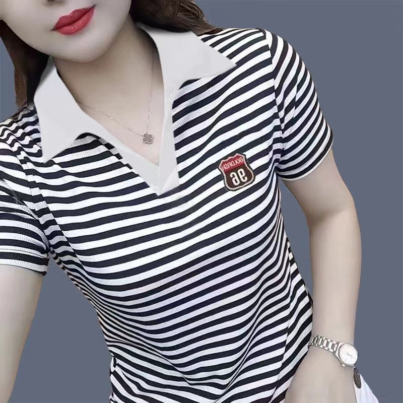 夏季新款时尚中年妈妈装女士短袖t恤翻领polo衫小众百搭短款上衣