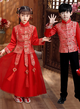 女童唐装男童中山装中国风绸缎儿童秀禾服红色拜年服中式花童礼服
