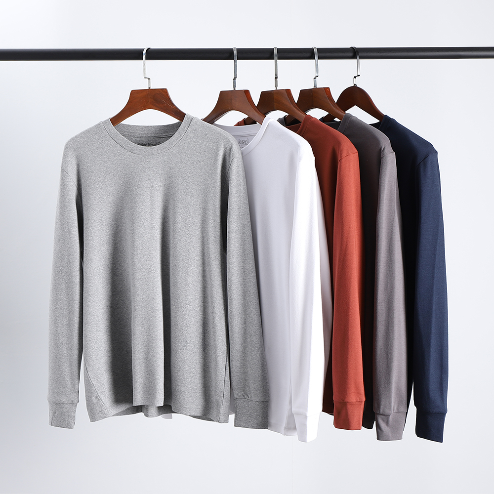 300g全棉水洗磨毛棉！外贸男装春款纯色百搭圆领打底长袖体恤衫潮
