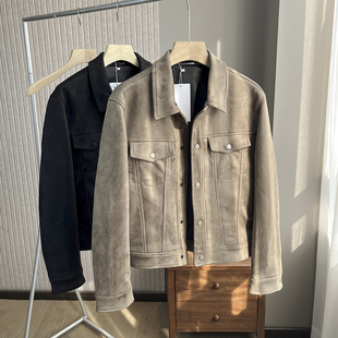 西班牙单！麂皮绒面料！外面男装秋款复古休闲防风翻领夹克外套潮