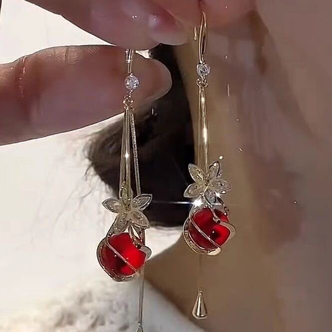 红色长款永生花流苏耳环