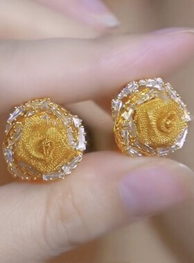 质感黄玫瑰花千金风精致优雅轻奢氛围感圆形黄锆石耳环无耳洞耳夹