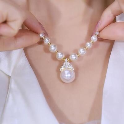 渐变珍珠项链女闪钻超仙吊坠