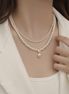 双层叠戴锆石吊坠珍珠项链女小众设计锁骨链2025新款爆款气质颈链