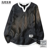 扎染男款 春秋季 潮帅气上衣 卫衣2026新款 马克华菲假两件小V领男士
