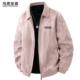 马克华菲粉色麂皮绒外套男士春秋季夹克潮牌男款早春装休闲衣服