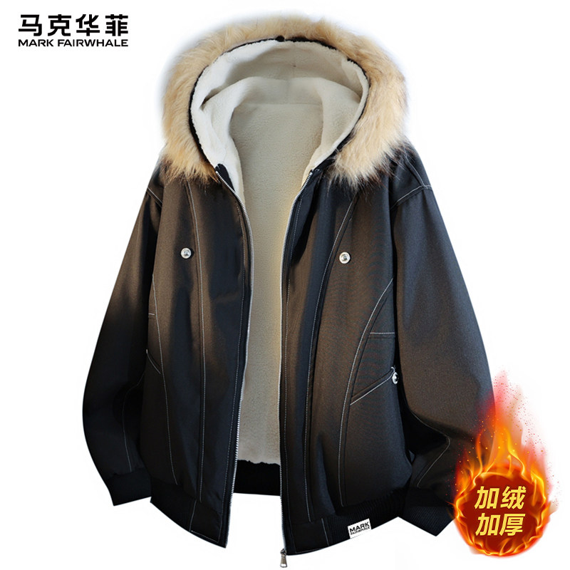 马克华菲连帽座山雕加绒加厚棉衣男士冬季大毛领上衣男款休闲外套