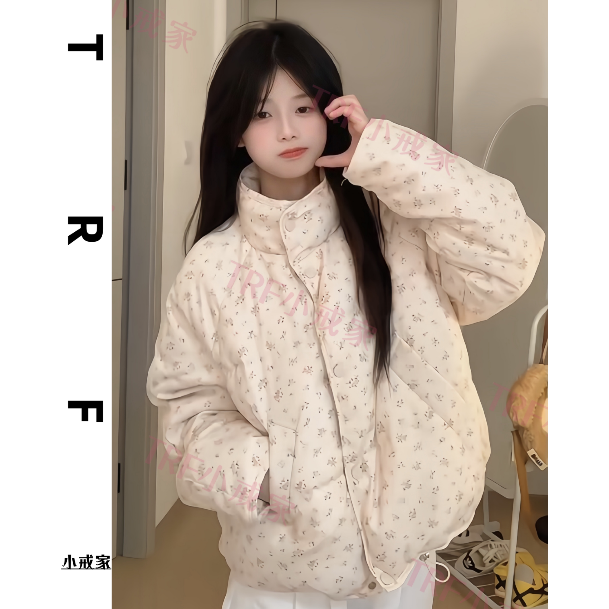 碎花短款立领棉服女甜美小个子