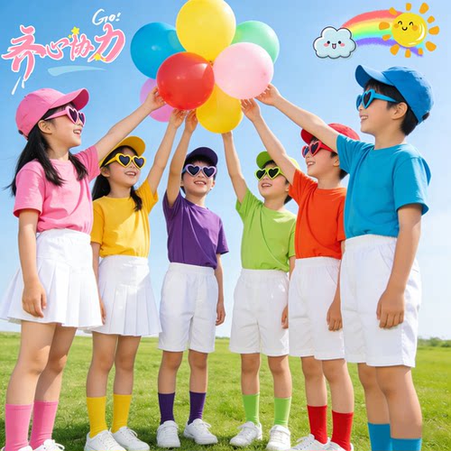 糖果儿童彩色t恤纯棉多巴胺小学生毕业班服装运动会幼儿园啦啦队