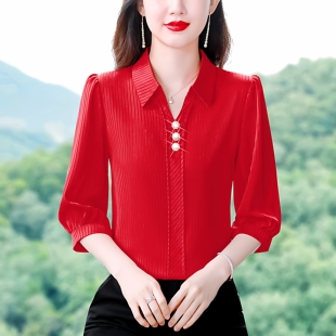 纯色衬衫女士中袖春秋新款妈妈高端雪纺上衣夏季七分袖桑蚕丝衬衣