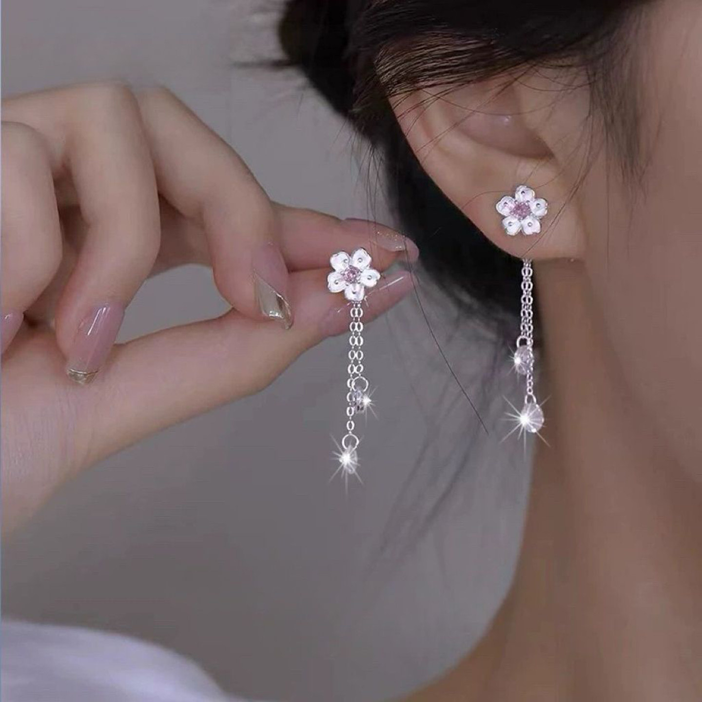 粉锆石樱花耳环花朵闪钻耳针