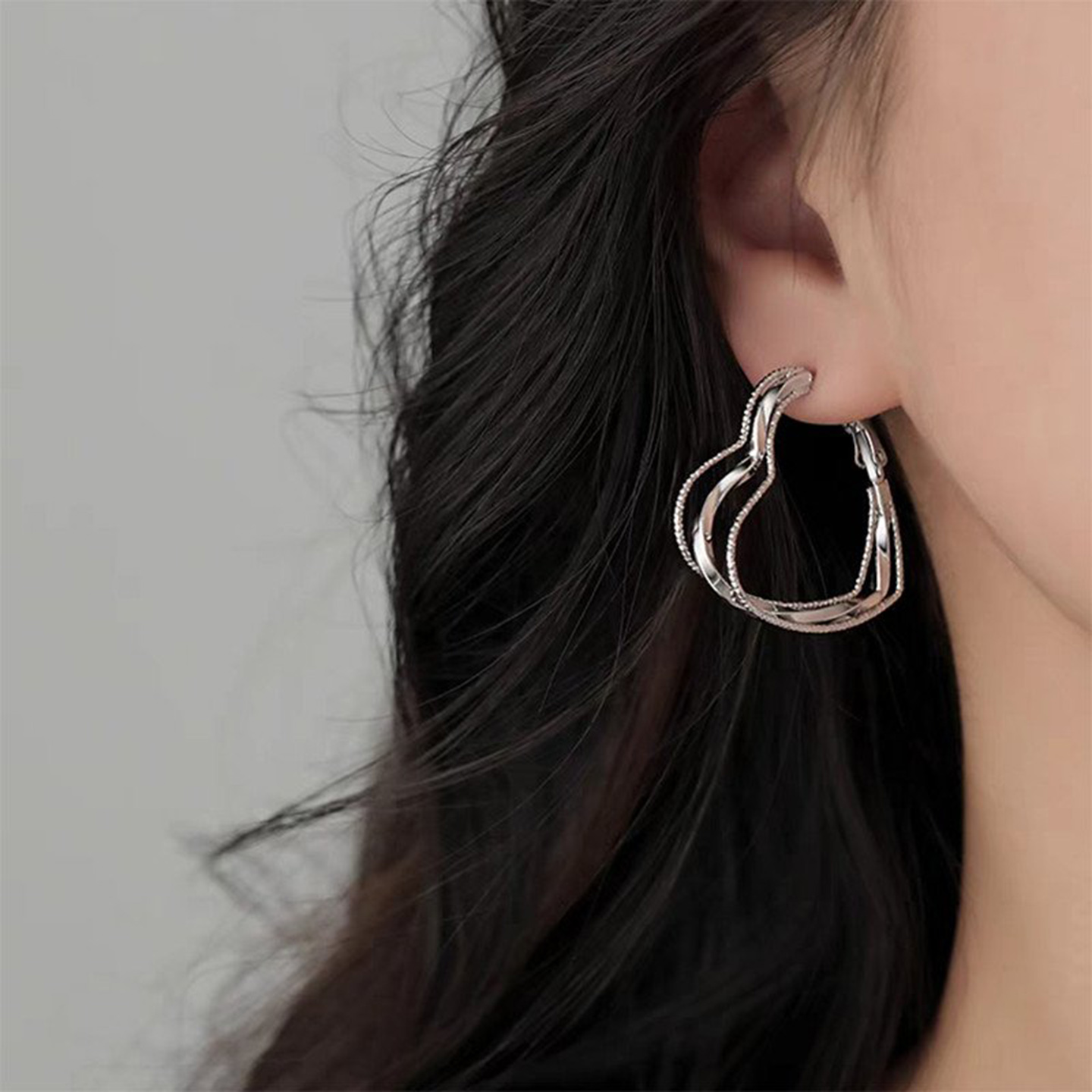 925银针多层爱心耳环女