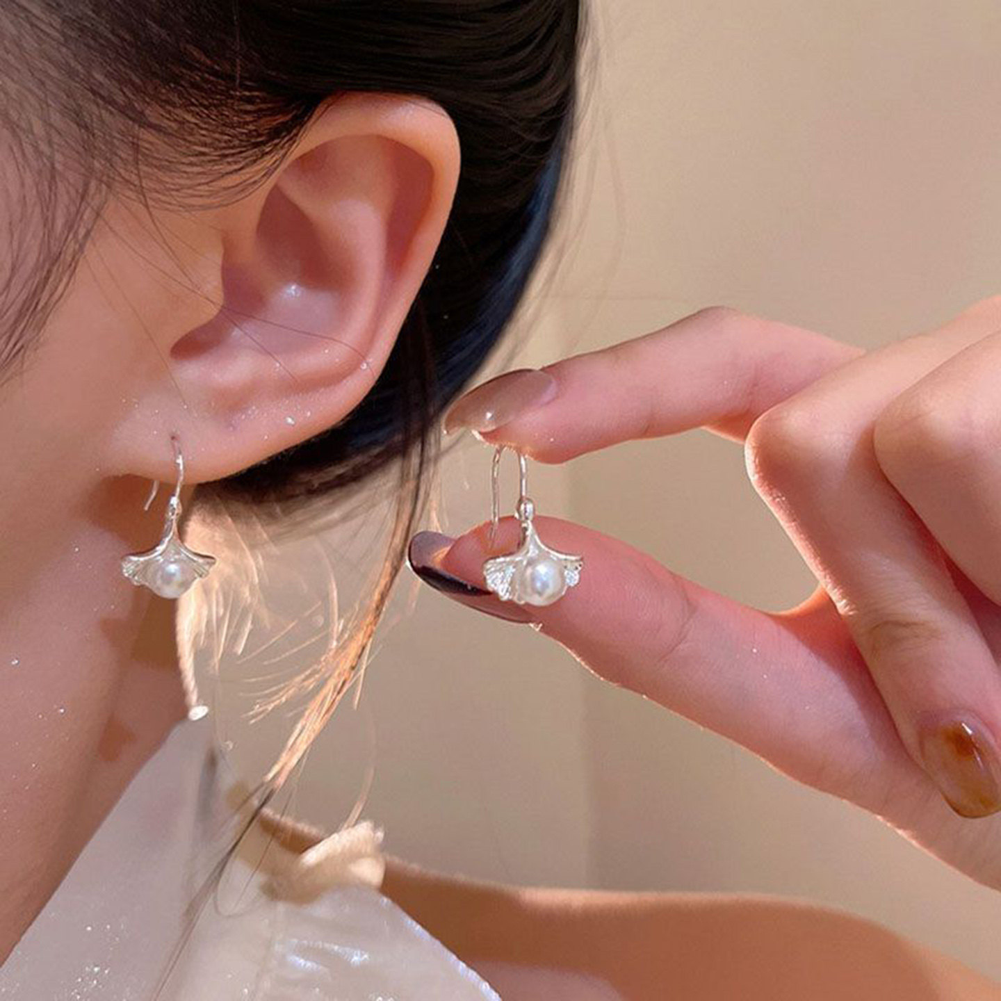 简约银杏叶珍珠耳环耳钩耳挂