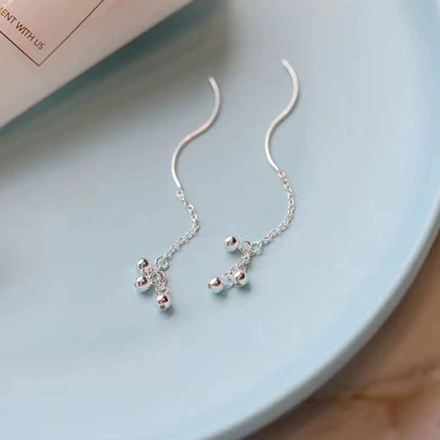 s925银圆珠流苏耳线女仙气波浪耳环耳坠可爱气质小清新耳链耳饰