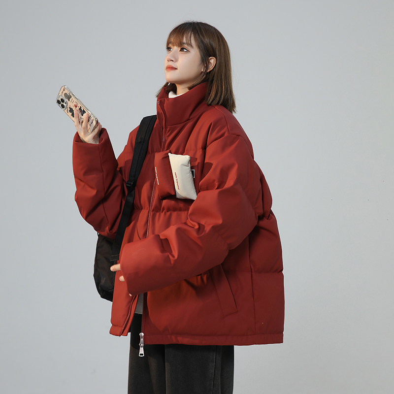 美式复古贴贴情侣酒红色羽绒棉服冬季2024新款潮牌短款外套男女