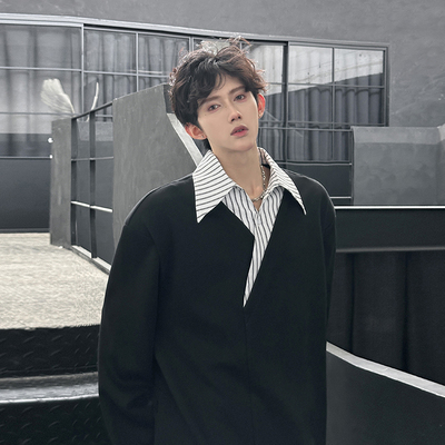 灰色假两件V领长袖T恤男款秋季美式复古衬衫领拼接卫衣重磅Polo衫