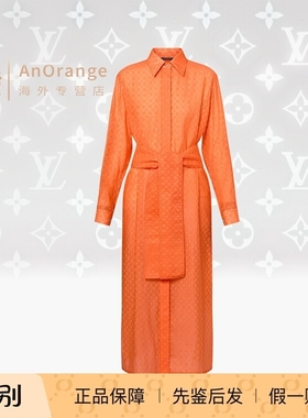 路易威登LV女装裙子超大腰带印花橙色真丝混纺衬衫式连衣裙1AFSRW