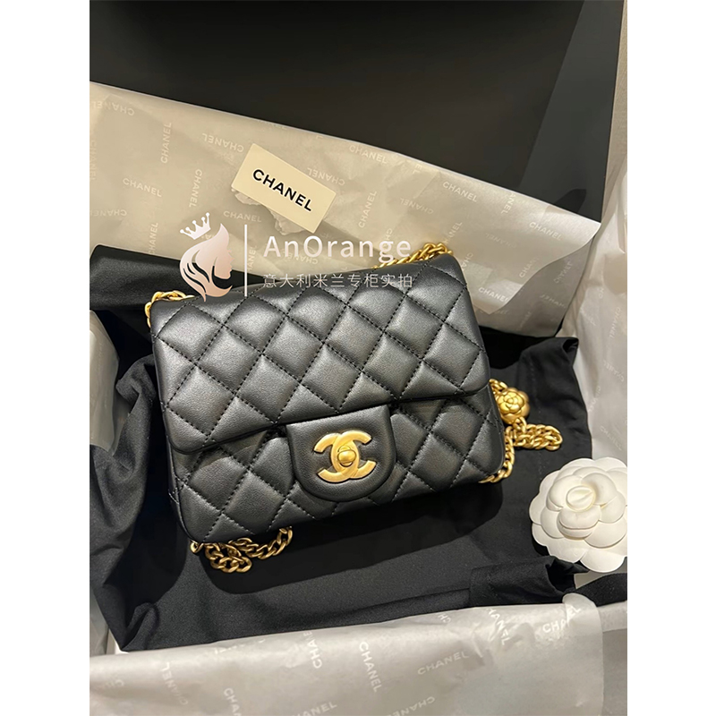Chanel香奈儿23SS女包山茶花调节扣黑色羊皮迷你方胖子单肩斜挎包