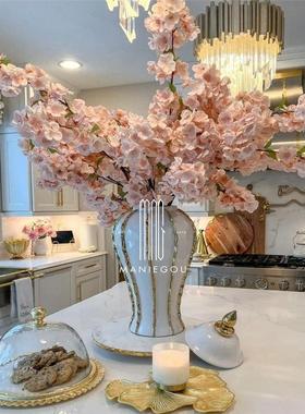 欧式轻奢天然大理石白金色花瓶器艺术家居餐桌厅摆件装饰品工艺品