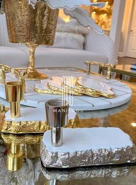 创意天然大理石金属描金杯垫家居客厅蛋糕餐托盘子摆件装饰工艺品