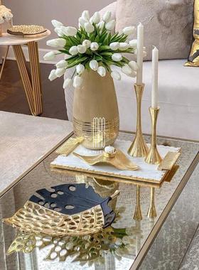 美式浪漫金叶将军罐大花瓶家居烛台托盘餐桌厅电镀摆件装饰工艺品