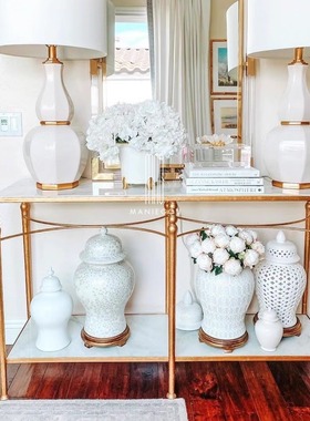 欧式创意轻奢长方形双层天然大理石玄关柜铁艺走廊靠墙玄关桌定制