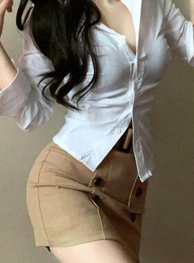 韩系辣妹纯欲JK收腰显瘦衬衫女修身上衣纽扣半身包臀裙套装春夏季