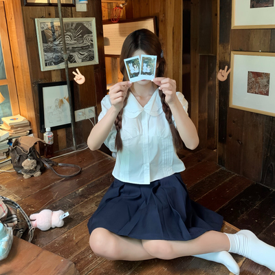 学院风甜美泡泡袖短袖绑带衬衫