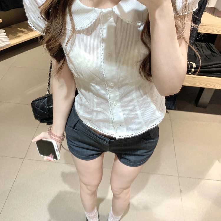 法式白色娃娃领衬衫女夏季设计感收腰修身内搭短款短袖上衣新款
