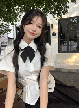 jk制服收腰衬衫上衣女学院风修身显瘦白色短袖纯欲风辣妹衬衣套装