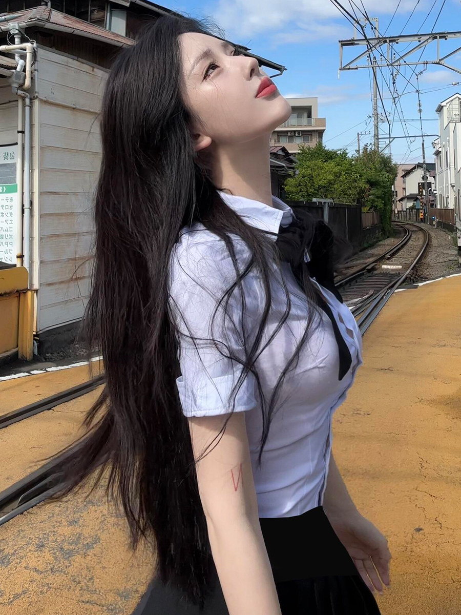 纯欲学院风jk制服短袖衬衫女收腰修身白色衬衣显瘦百褶裙套装夏季