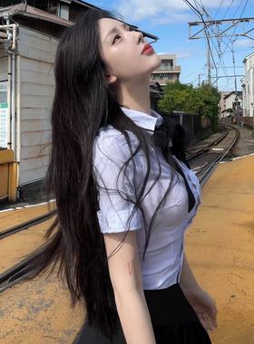 纯欲学院风jk制服短袖衬衫女收腰修身白色衬衣显瘦百褶裙套装夏季