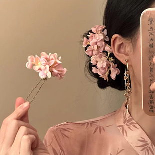 山沐手作「桃夭灼灼」超仙温柔粉色花朵发簪古风簪花订婚头饰发饰