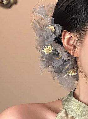 山沐手作「雾里观花」超仙网纱花朵发夹头饰女后脑勺发卡头花发饰
