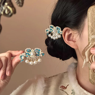 山沐手作「青丝暮雪」国风烧蓝珍珠流苏发夹女侧边夹刘海发卡发饰