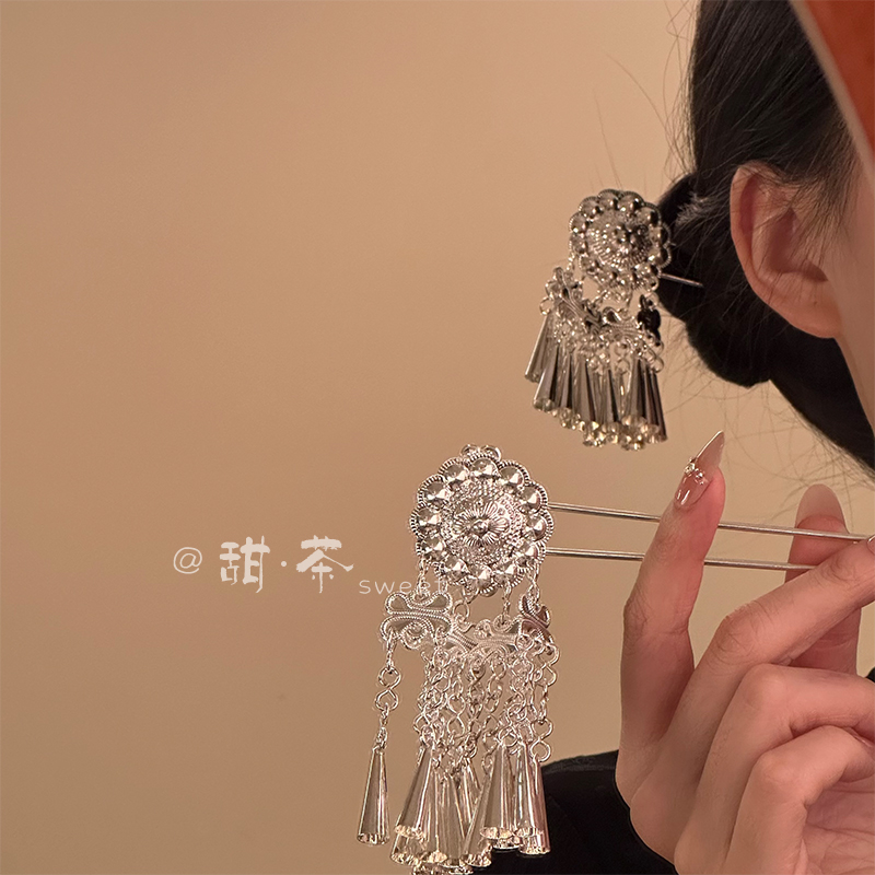 民族风银色圆盘流苏发簪女发饰