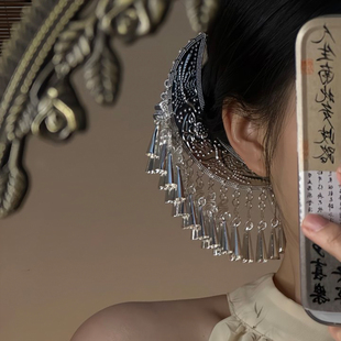 银铃坠梦 民族风头饰月牙流苏u型发簪女盘发苗族银色发钗簪子发饰