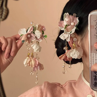 山沐手作「繁花迎春」新中式古风花朵流苏发夹女边夹头饰头花发饰
