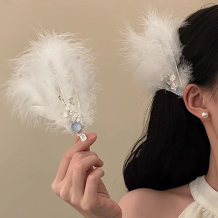 山沐手作「天鹅之梦」超仙白色羽毛发夹女侧边夹发卡发饰古风头饰