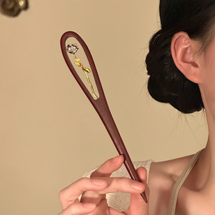 山沐手作「空镜生花」复古玫瑰花朵檀木发簪新中式头饰簪子发饰女