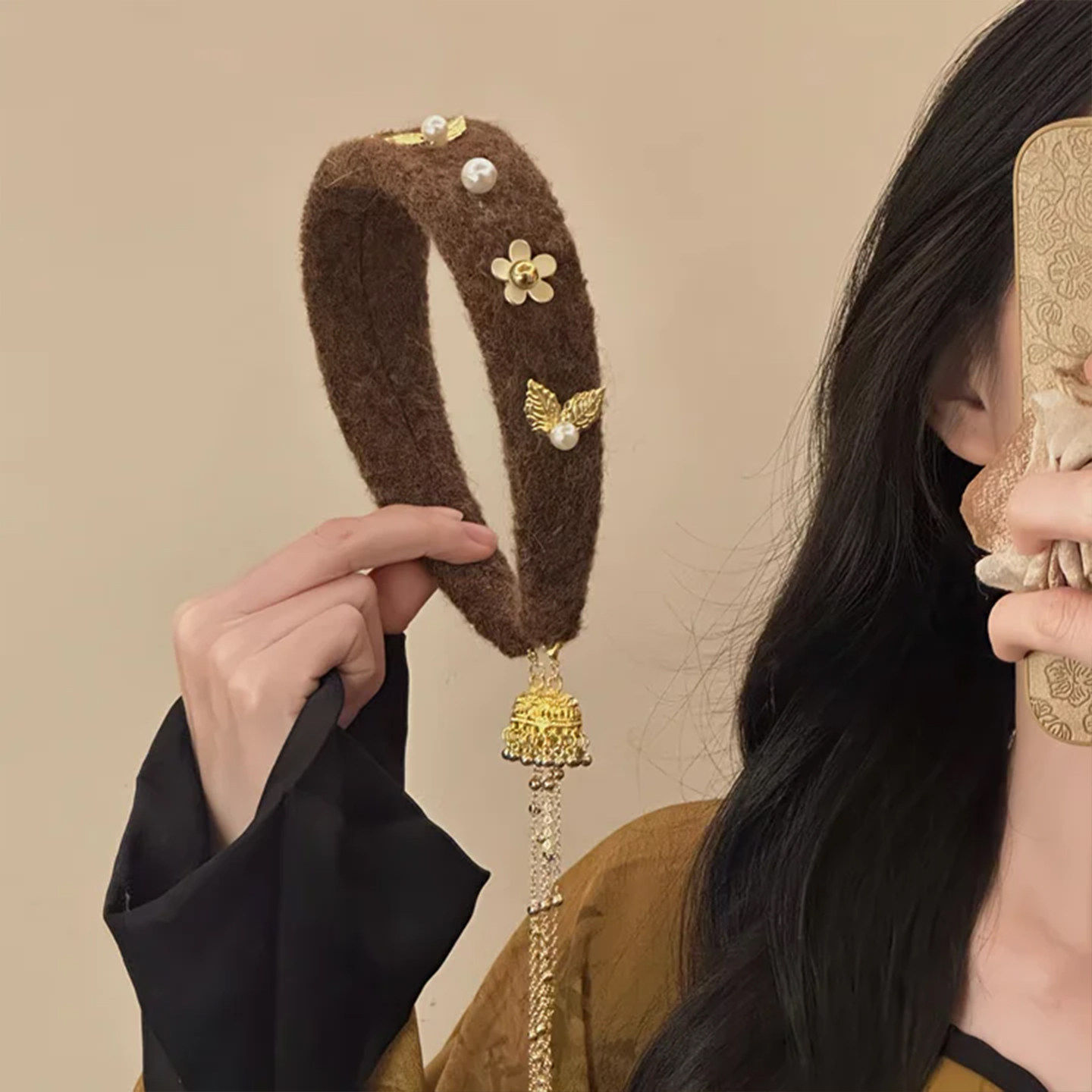 山沐手作「秋棠金叶」复古咖色毛呢流苏发箍女高颅顶头箍秋冬发饰