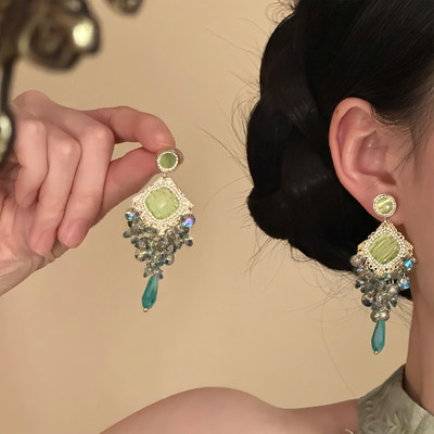 山沐手作「翠玉生烟」新中式水晶流苏耳钉高级感2026新款耳环耳饰