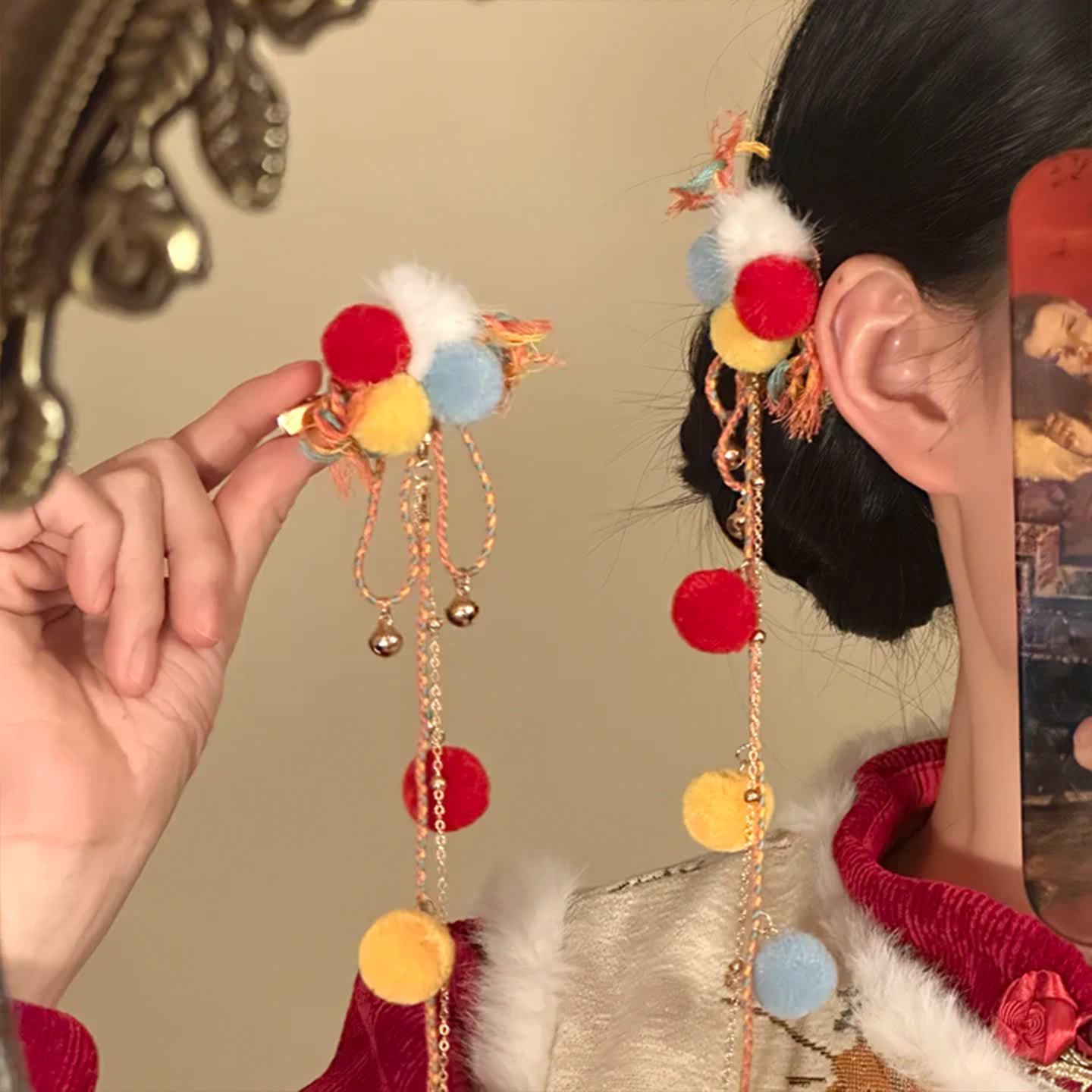 山沐手作「彩云谣」新年彩色毛球流苏发夹头饰秋冬可爱民族风发饰
