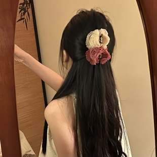 檀花藏香~新中式复古玫瑰花朵发夹女抓夹高级感半扎发鲨鱼夹发饰