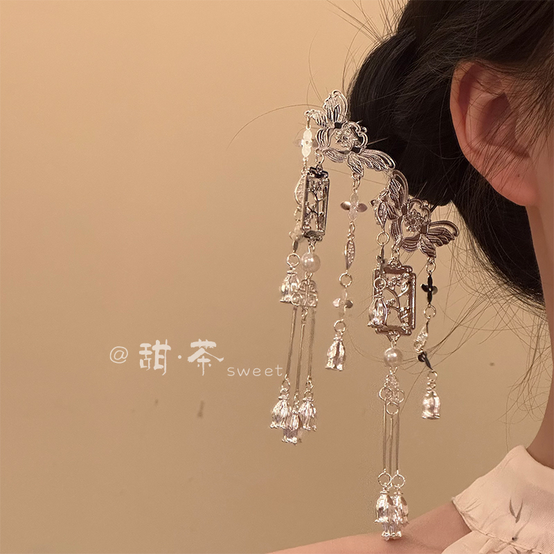 新中式发簪女银色蝴蝶梅枝流苏