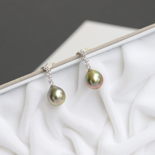 绿野仙踪大溪地炫彩牛油果绿辣色黑珍珠水滴型海水珍珠18K金耳饰